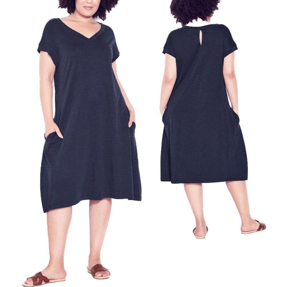 Zim & Zoe 22W-28W Navy Lilly Plain Cotton Short Sleeve Midi Dress CC06.10